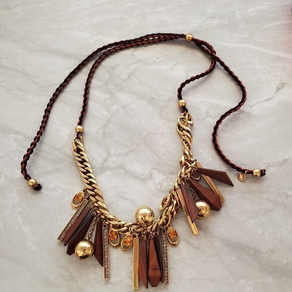 ✨ J.Crew Geometric Wood Rhinestones Crystals Balls Cord Necklace ✨ - Picture 1 of 16